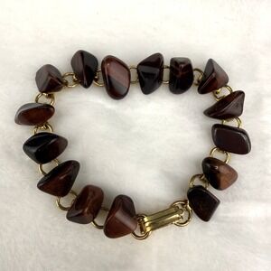 Vintage Bracelet Polished‎ Stone Purple Red Chunky Gold Tone 7"